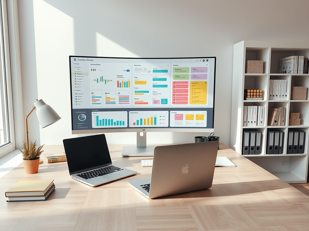 A serene, dimmed workspace featuring a large, high-resolution monitor displaying a cluttered desktop on the left half of the screen and a perfectly organized, minimalist interface on the right half. The contrast is clear yet harmonious: chaotic overlapping windows transform into labeled folders and a clean task dashboard in muted pastel accents. The monitor sits on a slim, matte black stand atop a walnut desk with a single, centered wireless keyboard. Soft, focused task lighting illuminates the screen and desk, leaving the background in a gentle blur of deep neutral tones. Shot straight-on at eye level, the composition emphasizes the before-and-after transformation, conveying the calm satisfaction of digital detox and streamlined workflows in refined photographic realism.