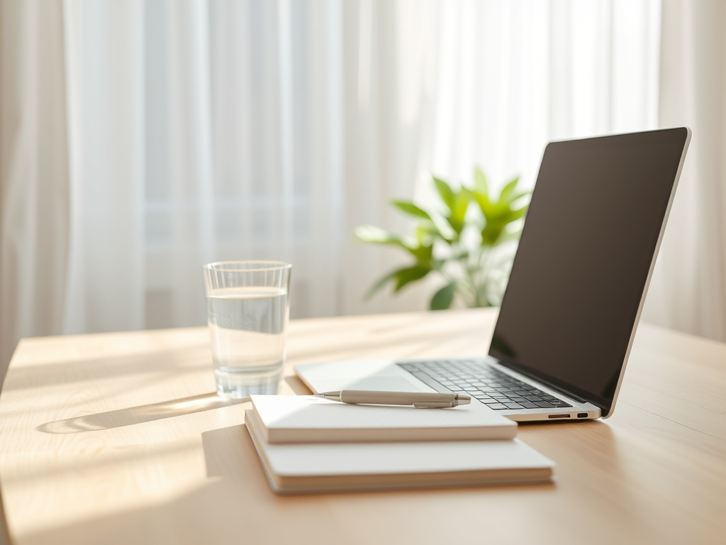A serene, dimmed workspace featuring a large, high-resolution monitor displaying a cluttered desktop on the left half of the screen and a perfectly organized, minimalist interface on the right half. The contrast is clear yet harmonious: chaotic overlapping windows transform into labeled folders and a clean task dashboard in muted pastel accents. The monitor sits on a slim, matte black stand atop a walnut desk with a single, centered wireless keyboard. Soft, focused task lighting illuminates the screen and desk, leaving the background in a gentle blur of deep neutral tones. Shot straight-on at eye level, the composition emphasizes the before-and-after transformation, conveying the calm satisfaction of digital detox and streamlined workflows in refined photographic realism.
