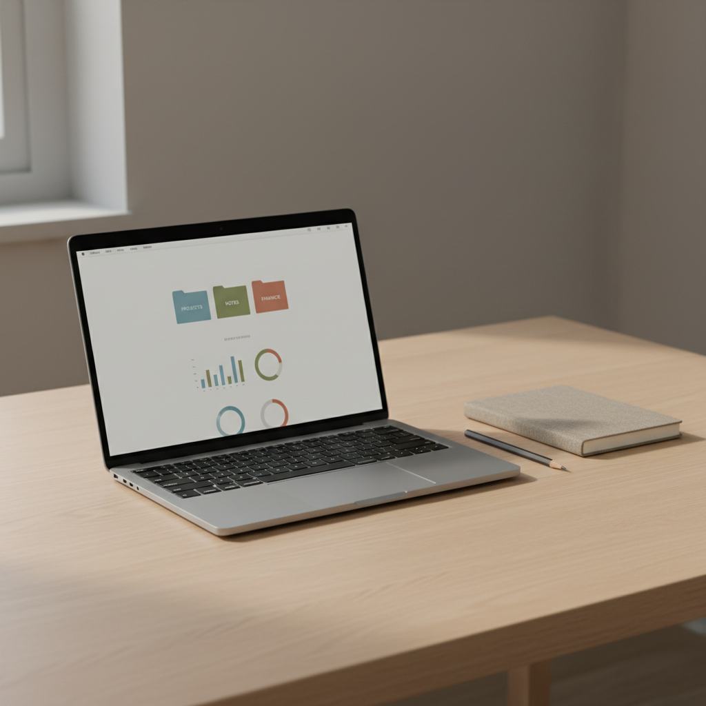 A sleek, ultra-thin silver laptop with a clean, minimalist desktop screen showing neatly arranged folders and a refined, muted-color productivity dashboard. The laptop rests on a pale oak desk with a smooth matte finish, beside a closed linen-textured notebook and a single graphite pencil aligned perfectly parallel. Soft, diffused morning light enters from the left, creating gentle gradients on the metal surface and subtle shadows under the objects. The background fades into a softly blurred, uncluttered wall in warm gray tones. Shot from a slightly elevated eye-level angle with a shallow depth of field, the composition is centered yet airy, conveying a sophisticated, calm sense of digital order in photographic realism with a muted palette and elegant minimalism.