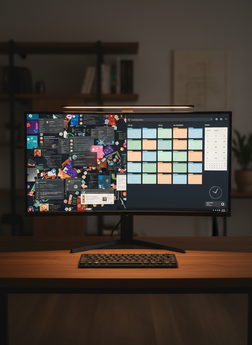 A serene, dimmed workspace featuring a large, high-resolution monitor displaying a cluttered desktop on the left half of the screen and a perfectly organized, minimalist interface on the right half. The contrast is clear yet harmonious: chaotic overlapping windows transform into labeled folders and a clean task dashboard in muted pastel accents. The monitor sits on a slim, matte black stand atop a walnut desk with a single, centered wireless keyboard. Soft, focused task lighting illuminates the screen and desk, leaving the background in a gentle blur of deep neutral tones. Shot straight-on at eye level, the composition emphasizes the before-and-after transformation, conveying the calm satisfaction of digital detox and streamlined workflows in refined photographic realism.