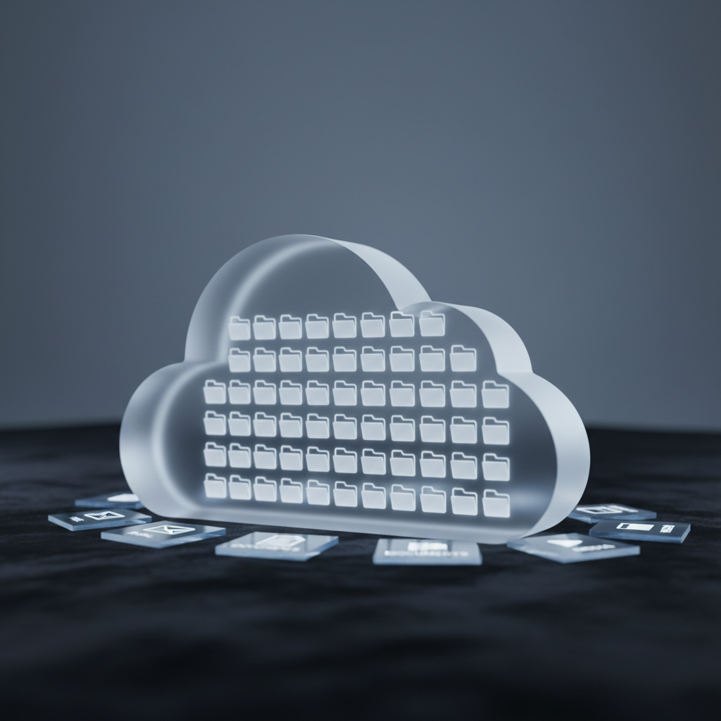 A partially open cloud icon sculpted from frosted glass sits atop a dark, velvety surface, its interior revealing tiny, glowing file folder symbols arranged in perfect rows, emitting a soft, cool white light. Surrounding the cloud, several translucent, labeled tiles representing email, documents, and media float slightly above the surface in a subtle arc. A gentle gradient background shifts from deep charcoal to muted slate blue. Directional side lighting from the right casts refined, crisp shadows and luminous edges along the glass surfaces. Shot at a low three-quarter angle with a medium depth of field, the image feels polished and futuristic yet understated, evoking the elegance of a well-organized cloud system in a clean, photographic, minimalist style.