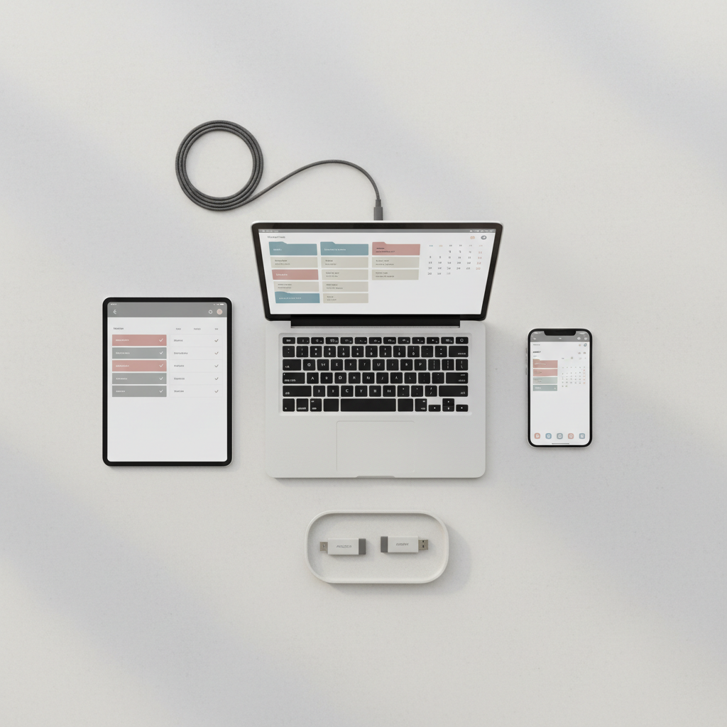 An overhead view of a meticulously organized digital workspace displayed across a slim laptop, a tablet, and a smartphone, all aligned with precise spacing on a smooth, light concrete desk. Each screen shows coordinated muted-tone interfaces: labeled folders, tidy calendars, and color-coded task lists in soft blues, greiges, and dusty rose accents. A single, neatly coiled charging cable and a small, matte ceramic tray containing two labeled USB drives complete the arrangement. Soft overcast daylight from above creates delicate, shadowless illumination with subtle gradients across the devices. The mood is serene and controlled, suggesting mastery over digital chaos. Composed as a balanced flat lay with strong geometric lines, photographic realism, and a minimalist, sophisticated aesthetic.
